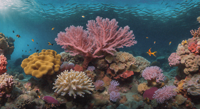 A vibrant underwater scene featuring colorful coral formations surrounded by diverse marine life, including small fish and invertebrates.